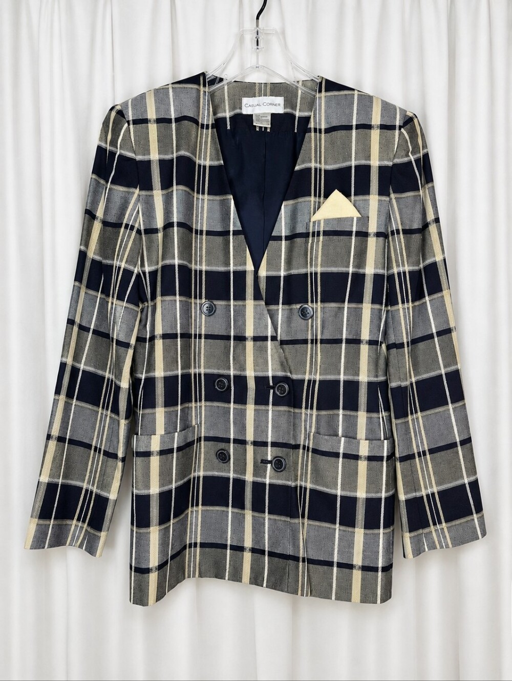 Vintage Casual CornerNavy Yellow Plaid Double Breasted Blazer Preppy Academia